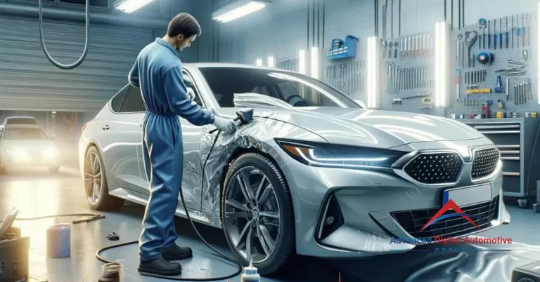 A car undergoing a paintless dent repair process in an auto repair garage