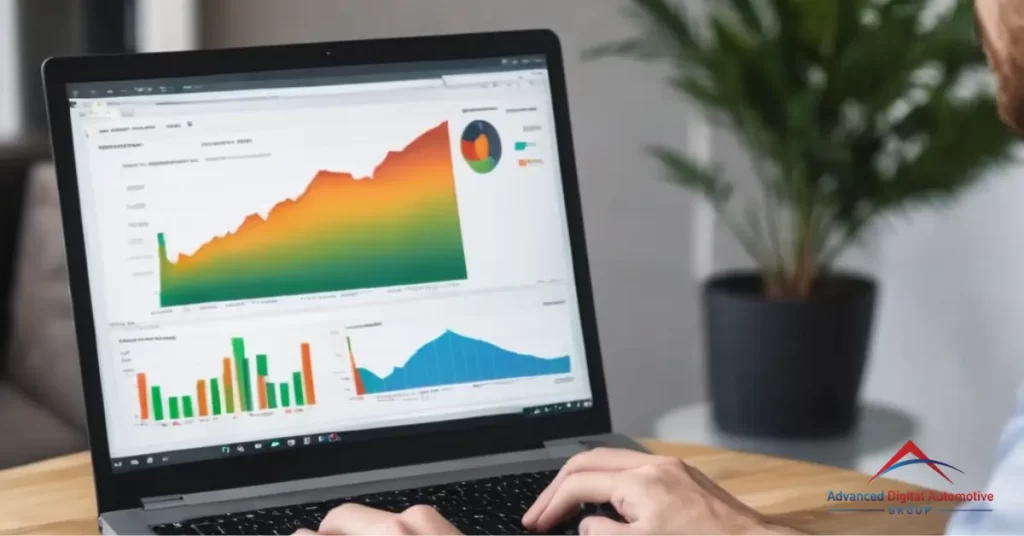 A laptop being used showing graphs and charts.